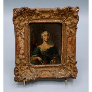 Portrait Of A Woman Of Quality, Allegory Of Diana, Dog, Oil On Copper, XVIIth Century