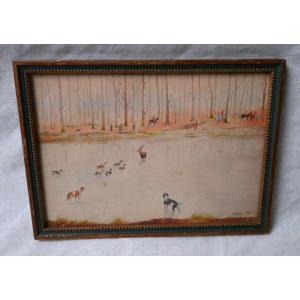Hunting Scene, Deer, Equipe, Hunting, Hallali, Watercolor On Paper, 1936
