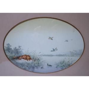 Hunting Scene, Fox On The Prowl, Ducks, Watercolor And Ink On Paper, English School, 1900
