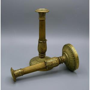 Pair Of Bronze Candlesticks, Empire, Palmette Decor, 19th Century