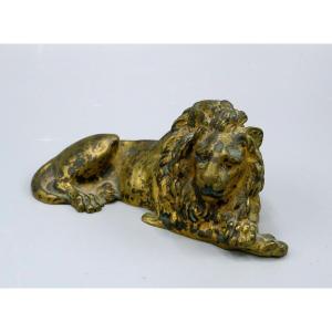 Reclining Lion In Gilded Bronze, Empire, 19th Century