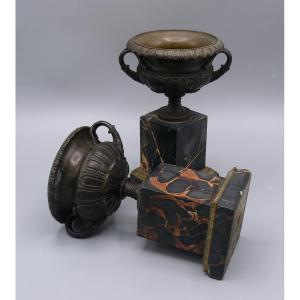 Pair Of Cassolettes, Cups On Bronze Pedestals, Marble Column Bases, 19th Century