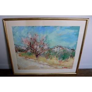 Antoine Serra, Cherry Blossoms, Gouache On Paper, 20th Century