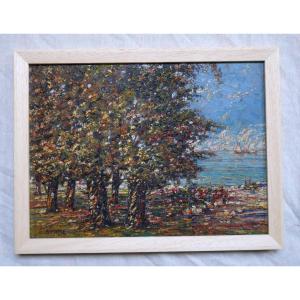 Landscape With Trees, Seaside, Oil On Panel, E. Moïse, 1950