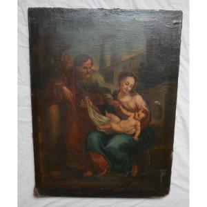Religious Painting, The Holy Family, Oil On Canvas, 18th Century
