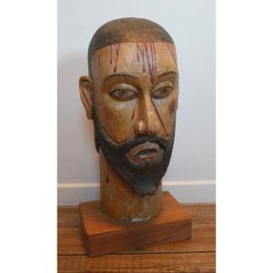 Polychrome Carved Wooden Head Of Christ, Hispanic Colonies, 18th Century