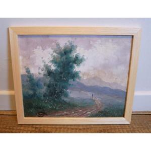 Mountain Landscape, Transhumance, Oil On Cardboard, Signed, 1900