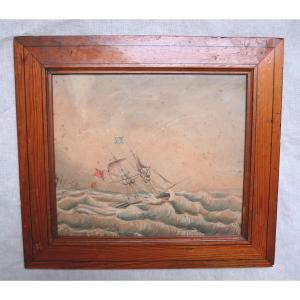 Portrait Of A Boat, Sailboat In A Storm, Marine, Ink On Paper, 19th Century