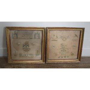 Pair Of Framed Embroidery Works, Birds, Flowers, 19th Century