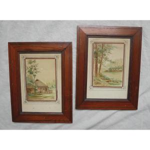 Pair Of Watercolors, Indochinese Scenes, A. Gilles, 1922