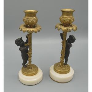 Pair Of Bronze Candlesticks With Two Patinas, Cherubs, 19th Century
