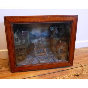 Animated Diorama Of A Boat, Village, Wallpaper, Music Box, 1900