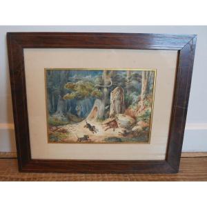 Fox Hunt, Watercolor On Paper, A. Janin, 19th Century