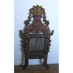 Carved Polychrome Wood Mirror, Basket, 18th, 19th Century