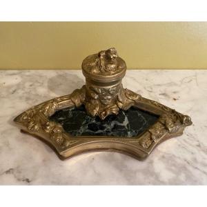 Inkwell Art Nouveau Albert Marionnet, Bronze And Marble, Late Nineteenth Time