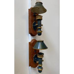 Pair Of Painted Sheet Metal Sconces A Quinquet, 19th Century