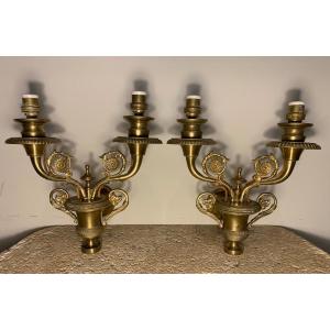 Pair Of Brass  Sconces With Empire Style Cassolettes, Early 20th Century