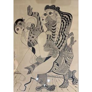 Ink Drawing Of Two Characters Signed Gérard Sendrey, 1990s