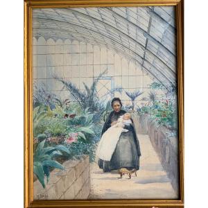 Watercolor Scene In A Winter Garden By Marguerite Rossert, Period 1900