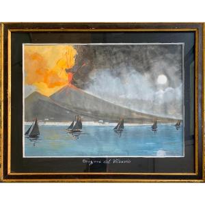 Neapolitan Gouache, Eruption Of Vesuvius, Early 19th Century