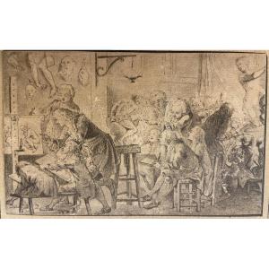 Miniature Drawing Of A Fine Arts Court Scene By Pierre-louis Dumesnil, Louis XV Period