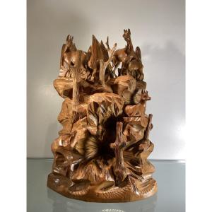 Wooden Sculpture By Brienz, Chamois Group, Switzerland, Early 20th Century
