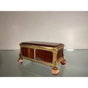 Small Jewelry Box, Agate And Brass, 19th Century