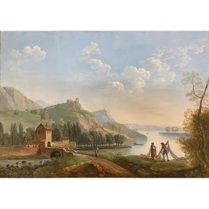 Gouache Lively Lakeside Landscape, Early 19th Century 