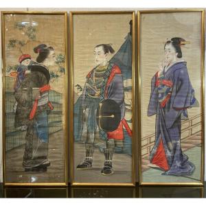 Three Japanese Silk Paintings, Late 19th/early 20th Century