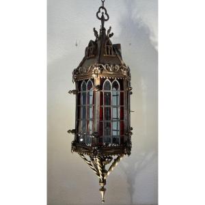 Neo-gothic Lantern, Wrought Iron And Stained Glass, 19th Century