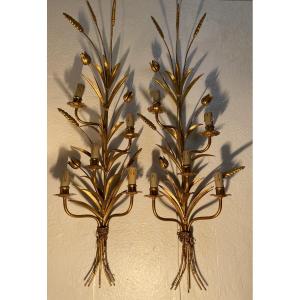 Two Large Gilded Metal Wall Lights, 1960s/70s