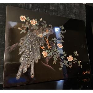 Peacock Engraved Lacquered Panel By l'Atelier De Nguyen Thanh Lê, 1950s/60s