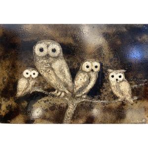 Lacquered Wood Panel With Owls, 1970s