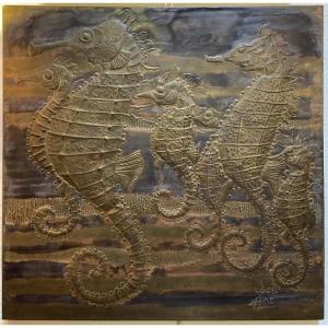 Panneau De Cuivre Repoussé Aux Hyppocampes, 1970s