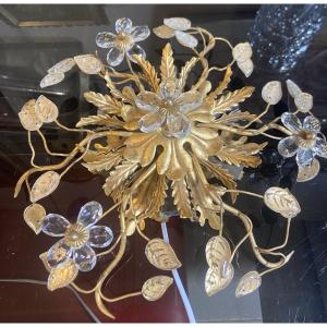 Dlg De Bagues Ceiling Light, Gilded Metal And Glass, 1970s
