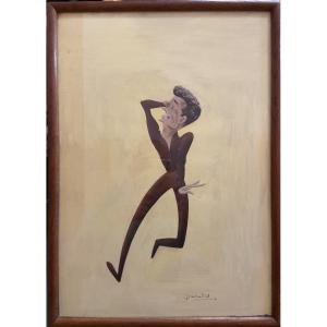 Gouache Drawing Caricature Of Yves Montand By Bernard Grambert, 1945 Year