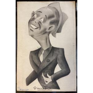 Caricature Drawing Of Charles Trenet By Bernard Grambert, Year 1945