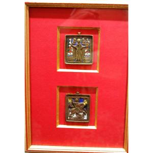 Pair Of Orthodox Enamelled Bronze Travel Icons
