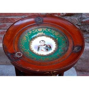 Veneer Pedestal Table Decorated With A Porcelain In Its Center Representing The Portrait Of Napoleon