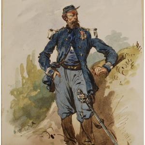 Full-length Soldier Watercolor By Alexandre Ferdinandus 1850-1888