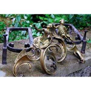 Pair Of Gilt Bronze Firedogs With Rococo Decor From The Eighteenth Century