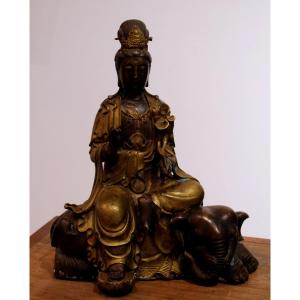 Gilded Bronze Group Representing The Deity Guanyin In Relaxation Seated On An Elephant 