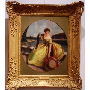 Oil On Canvas Portrait Of An Elegant Woman With A Yellow Dress By Jean Gabriel Domergue