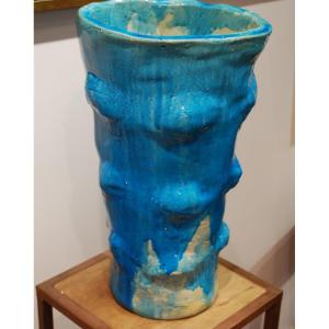 Large Blue Glazed Stoneware Vase