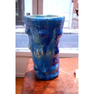 Blue Glazed Stoneware Vase By Eugénie Julien, Signed