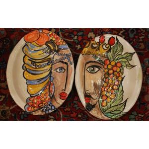Pair Of Faces Plates By Eugénie Julien