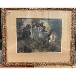 Charcoal, Nativity And The Three Wise Men By Lucien Jonas