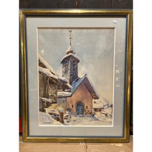 Watercolor, Chapel, Grand Bornand, By E. Bernhardt