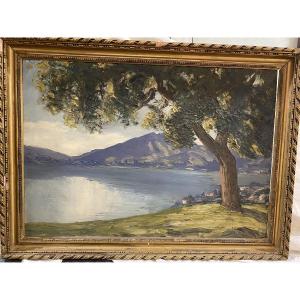 Lake Annecy, St Jorioz, Oil On Panel By E. Veron