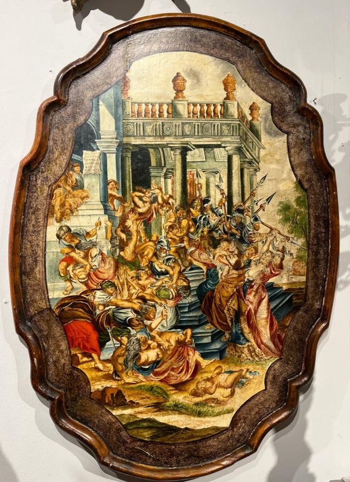 Vaso in legno con scena biblica. 